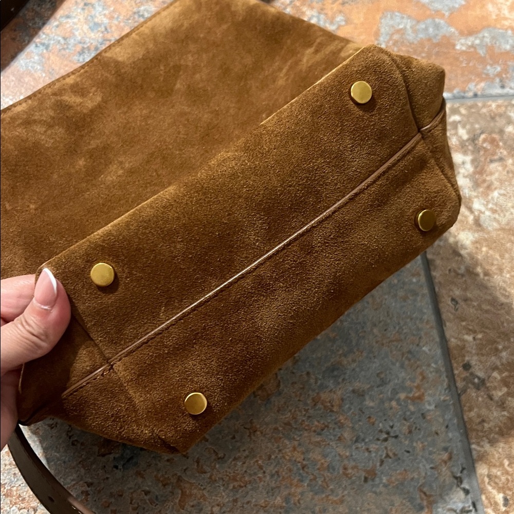 Quince Suede Crossbody Bag in Brown with Tan Strap - Picture 6 of 10